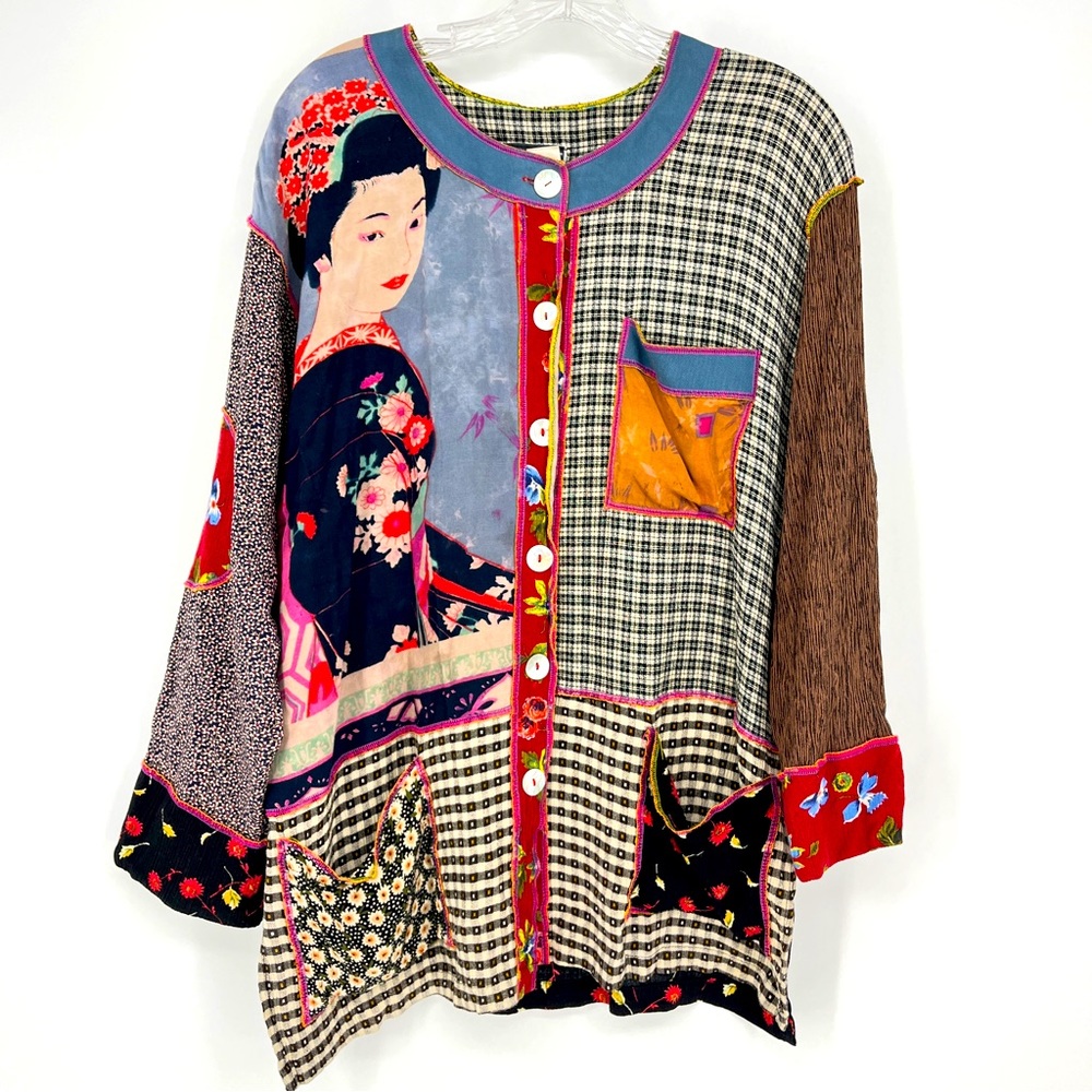 Faith Geisha Portraits 90's Vintage Rayon Tunic Art Jacket Japanese Size Large